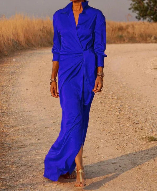 Satin Shirt Dress | Draped Waist Tie | Long Sleeve Elegance