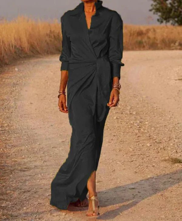 Satin Shirt Dress | Draped Waist Tie | Long Sleeve Elegance