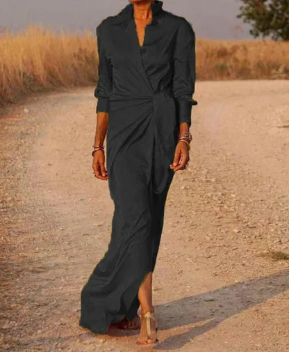 Satin Shirt Dress | Draped Waist Tie | Long Sleeve Elegance