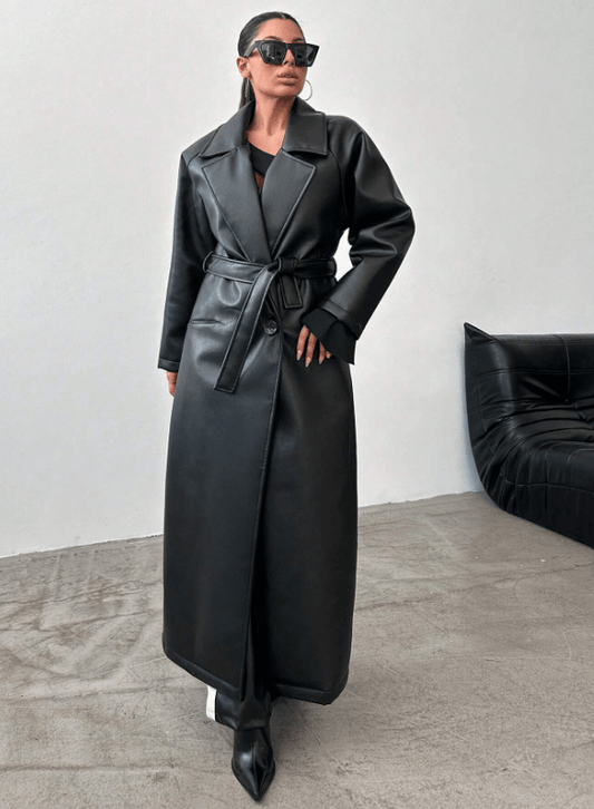 Long Faux Leather Trench Coat | Sleek & Timeless | Vegan Leather | Statement Outerwear
