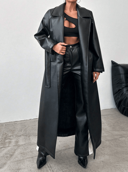 Long Faux Leather Trench Coat | Sleek & Timeless | Vegan Leather | Statement Outerwear