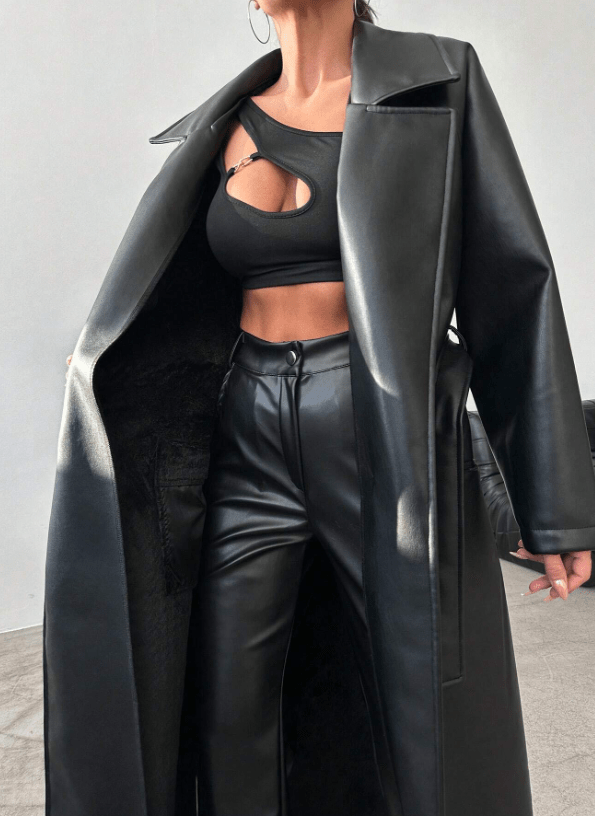 Long Faux Leather Trench Coat | Sleek & Timeless | Vegan Leather | Statement Outerwear