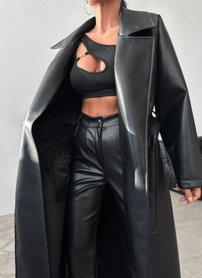 Long Faux Leather Trench Coat | Sleek & Timeless | Vegan Leather | Statement Outerwear