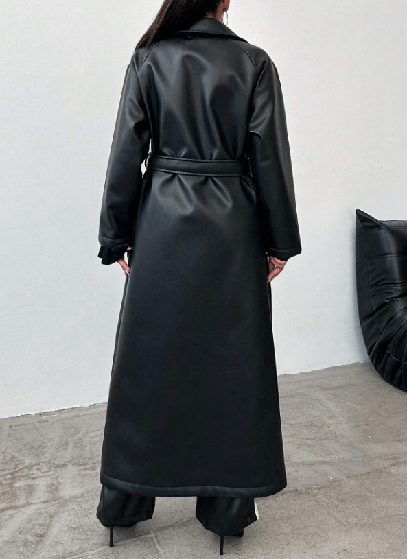 Long Faux Leather Trench Coat | Sleek & Timeless | Vegan Leather | Statement Outerwear