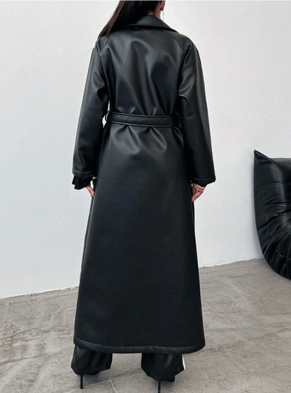 Long Faux Leather Trench Coat | Sleek & Timeless | Vegan Leather | Statement Outerwear