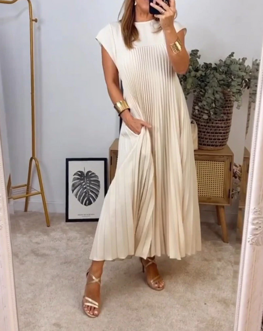Sleeveless Pleated Maxi Dress | Flowy A-Line Cut | Lightweight Knit