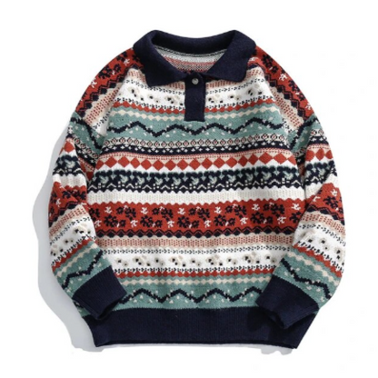 Men’s Fair Isle Knit Sweater | Winter Pullover with Button Collar | Nordic Patterned Jumper