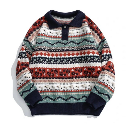Men’s Fair Isle Knit Sweater | Winter Pullover with Button Collar | Nordic Patterned Jumper