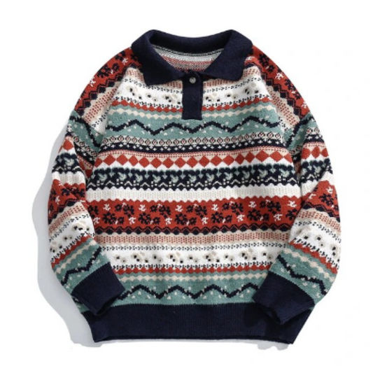 Men’s Fair Isle Knit Sweater | Winter Pullover with Button Collar | Nordic Patterned Jumper