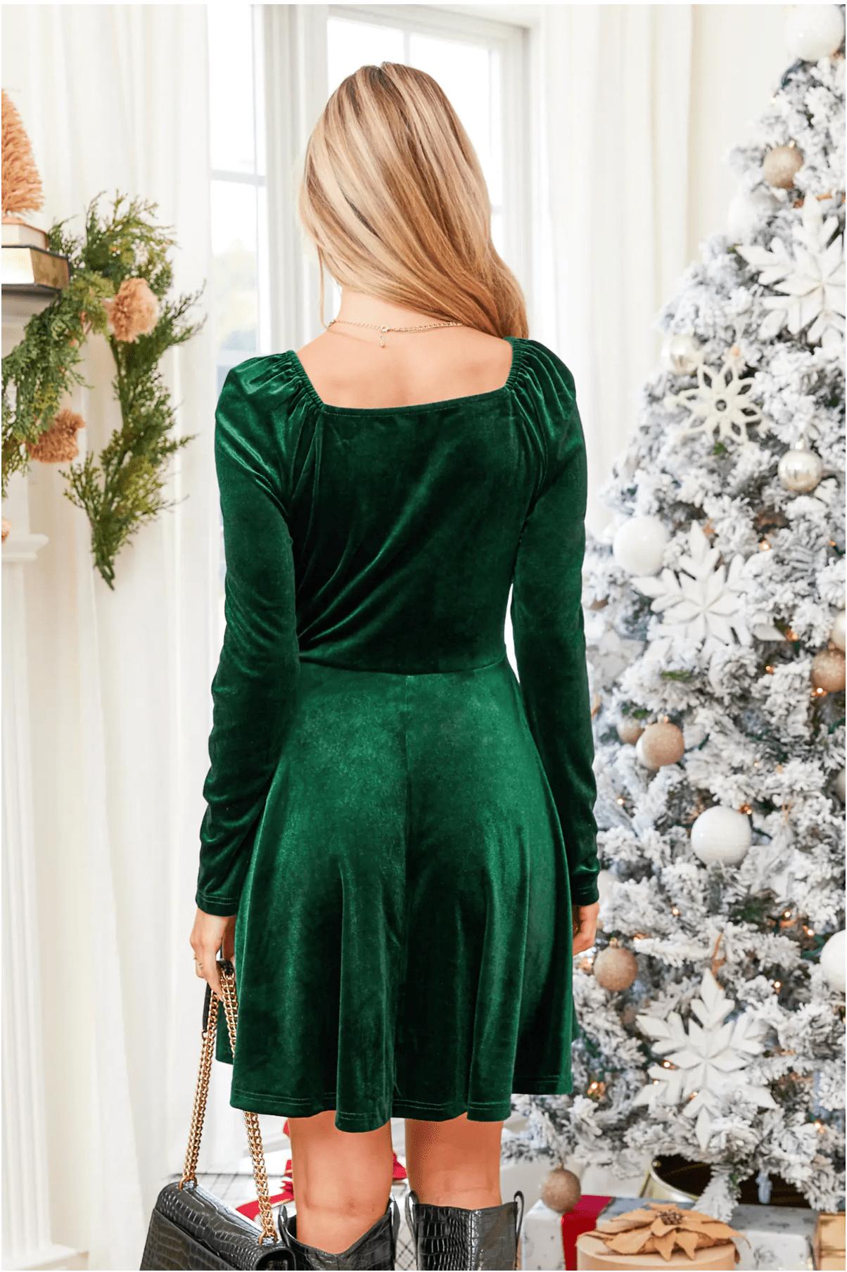 Velvet Fit-and-Flare Mini Dress | Long Sleeves | Festive Holiday Look