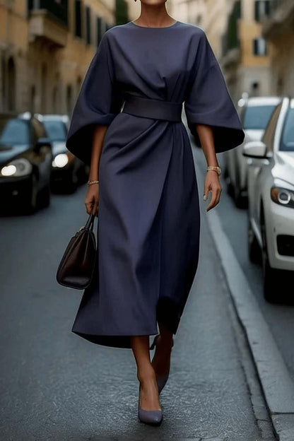Kimono Sleeve Belted Midi Dress | Minimalist Elegance | Tailored Waist
