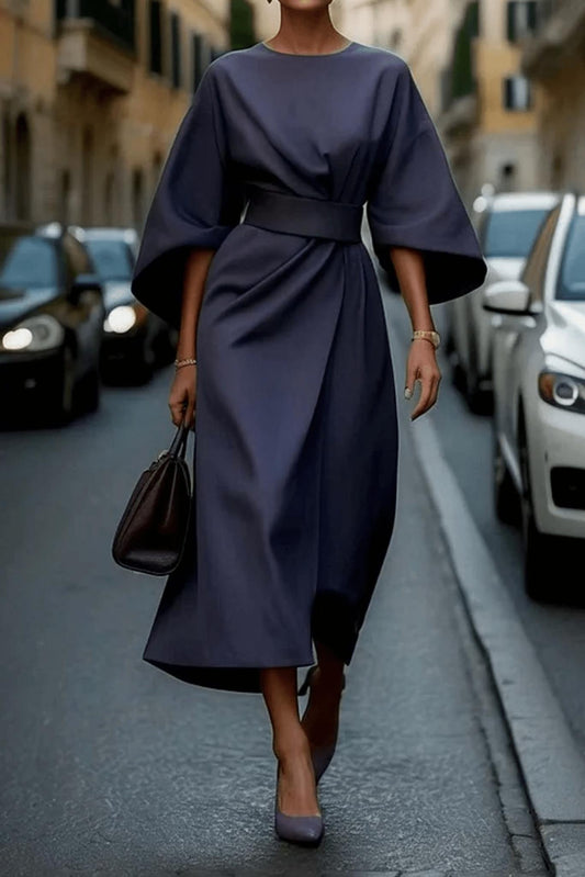 Kimono Sleeve Belted Midi Dress | Minimalist Elegance | Tailored Waist
