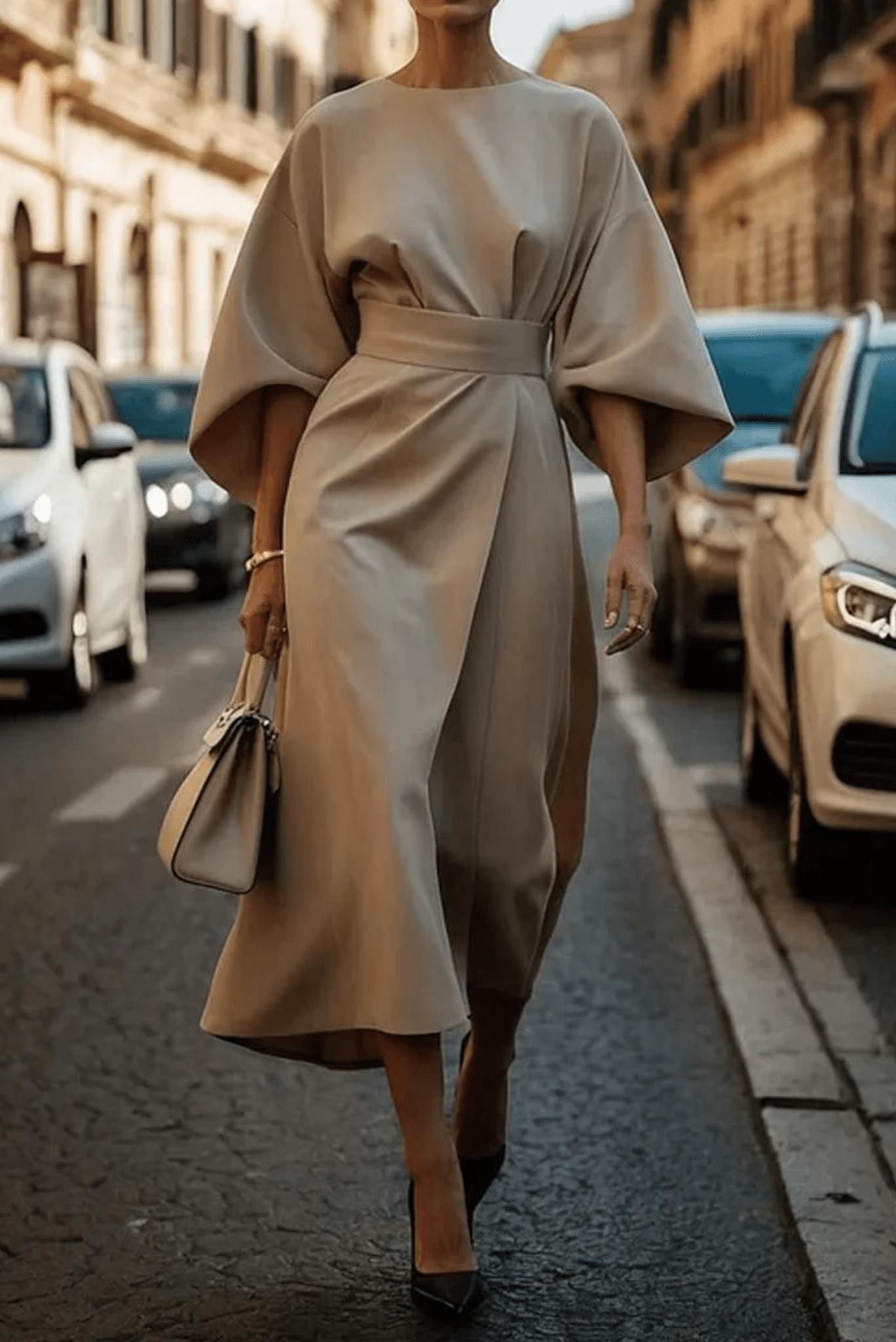 Kimono Sleeve Belted Midi Dress | Minimalist Elegance | Tailored Waist