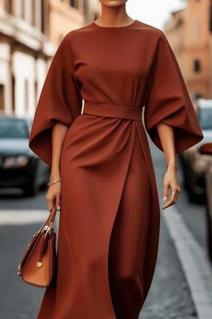Kimono Sleeve Belted Midi Dress | Minimalist Elegance | Tailored Waist