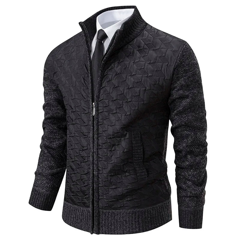 Textured Zip-Up Sweater Jacket | Quilted Front with Knit Sleeves