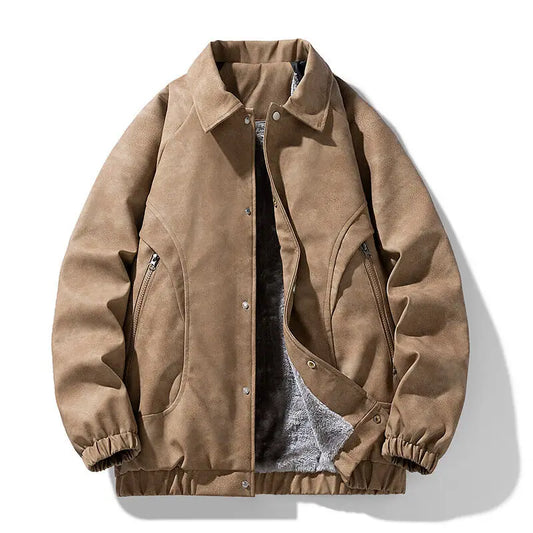 Men’s Faux Suede Bomber Jacket | Sherpa Lined | Snap & Zip Front