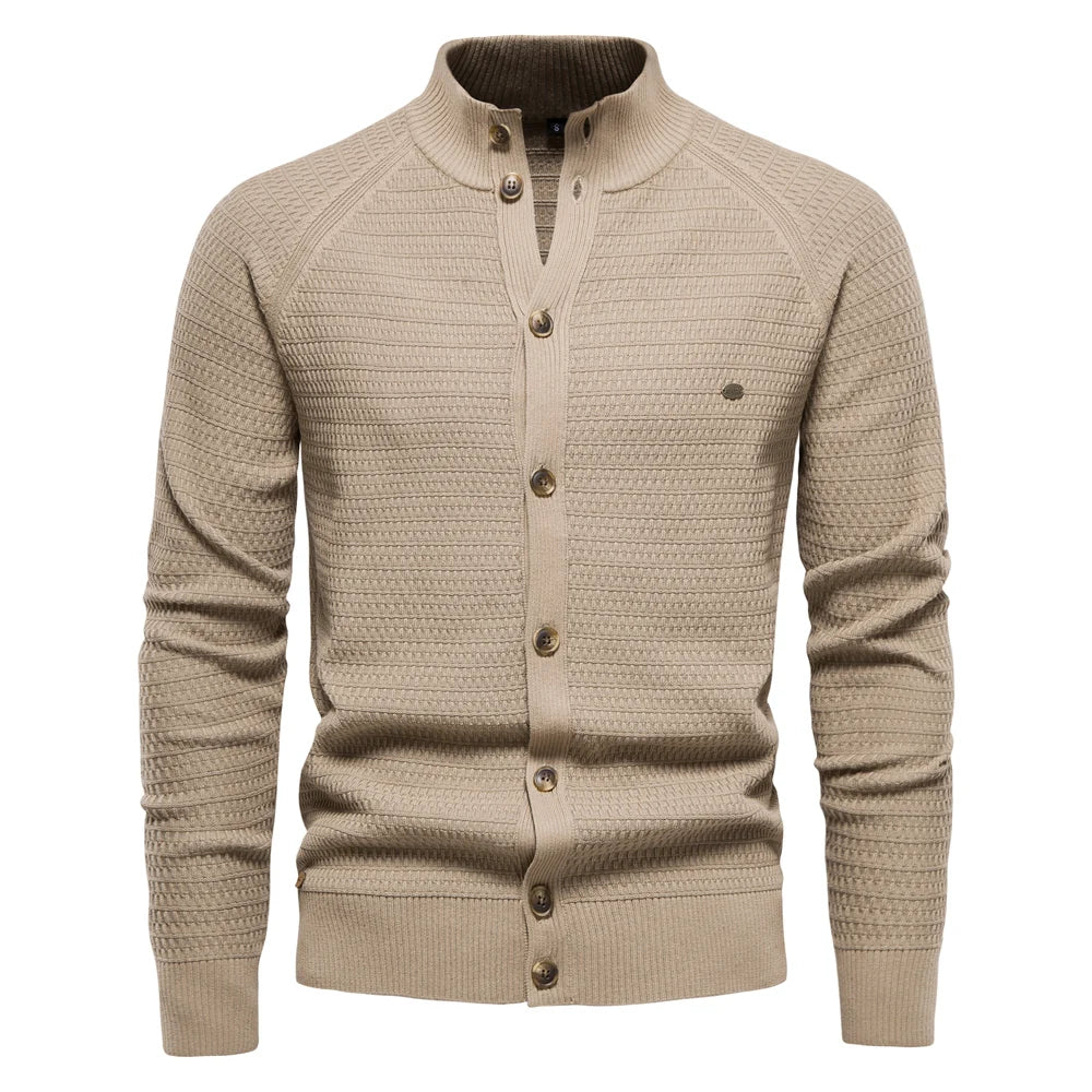 Waffle Knit Button Cardigan | Stand Collar with Chest Pocket Detail