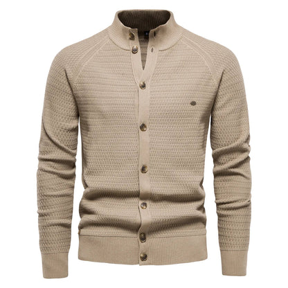 Waffle Knit Button Cardigan | Stand Collar with Chest Pocket Detail