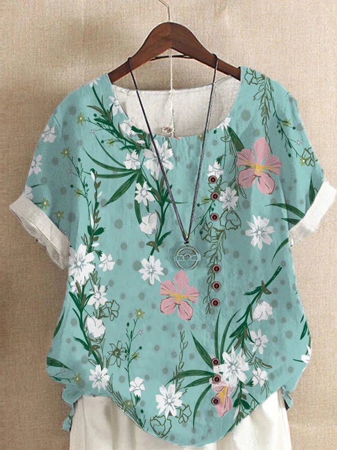 Floral Linen-Blend Short Sleeve Blouse | Casual Summer Top with Side Buttons