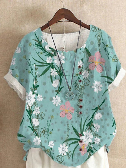 Floral Linen-Blend Short Sleeve Blouse | Casual Summer Top with Side Buttons