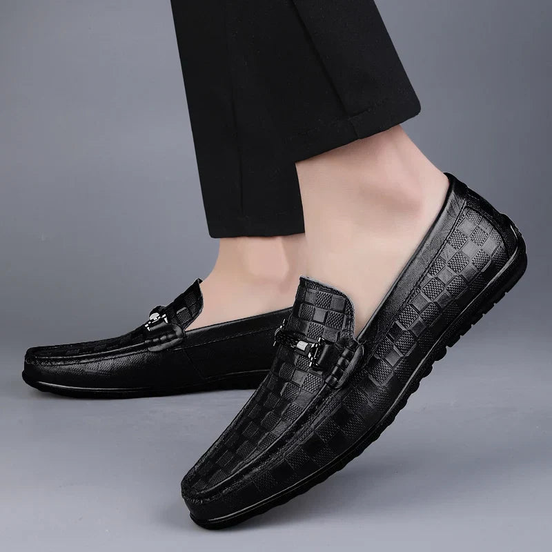 Embossed Leather Loafers | Slip-On Dress Shoes with Metal Accent