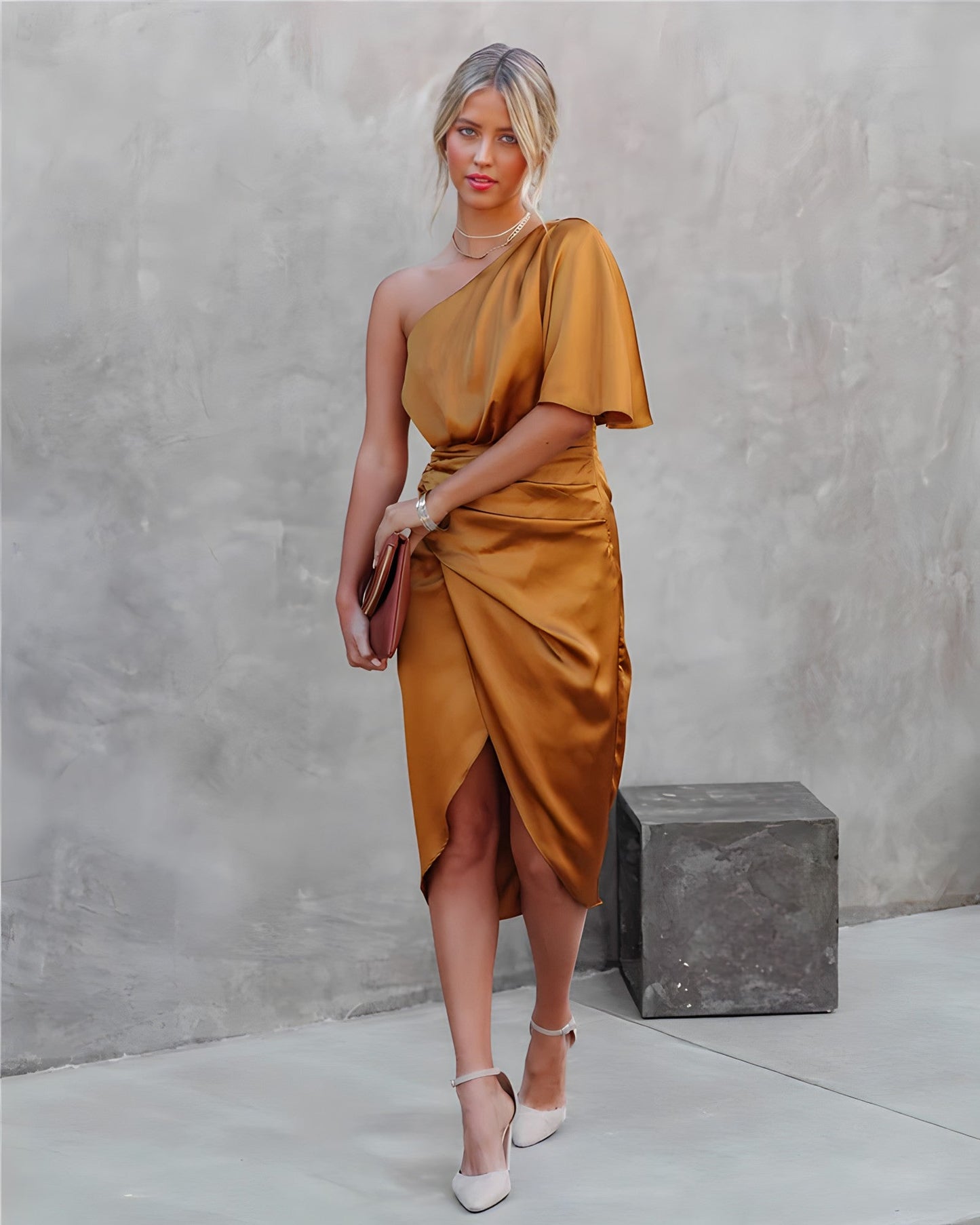 One-Shoulder Satin Midi Dress | Draped Fit | Evening Cocktail Look