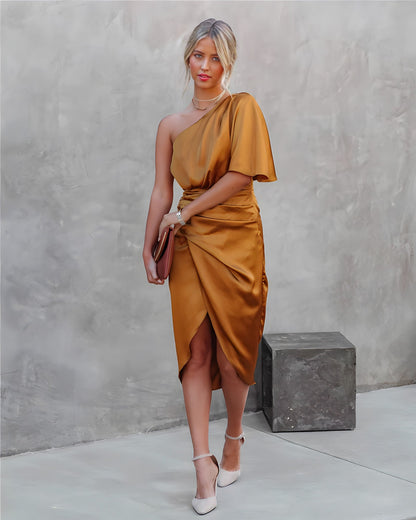 One-Shoulder Satin Midi Dress | Draped Fit | Evening Cocktail Look