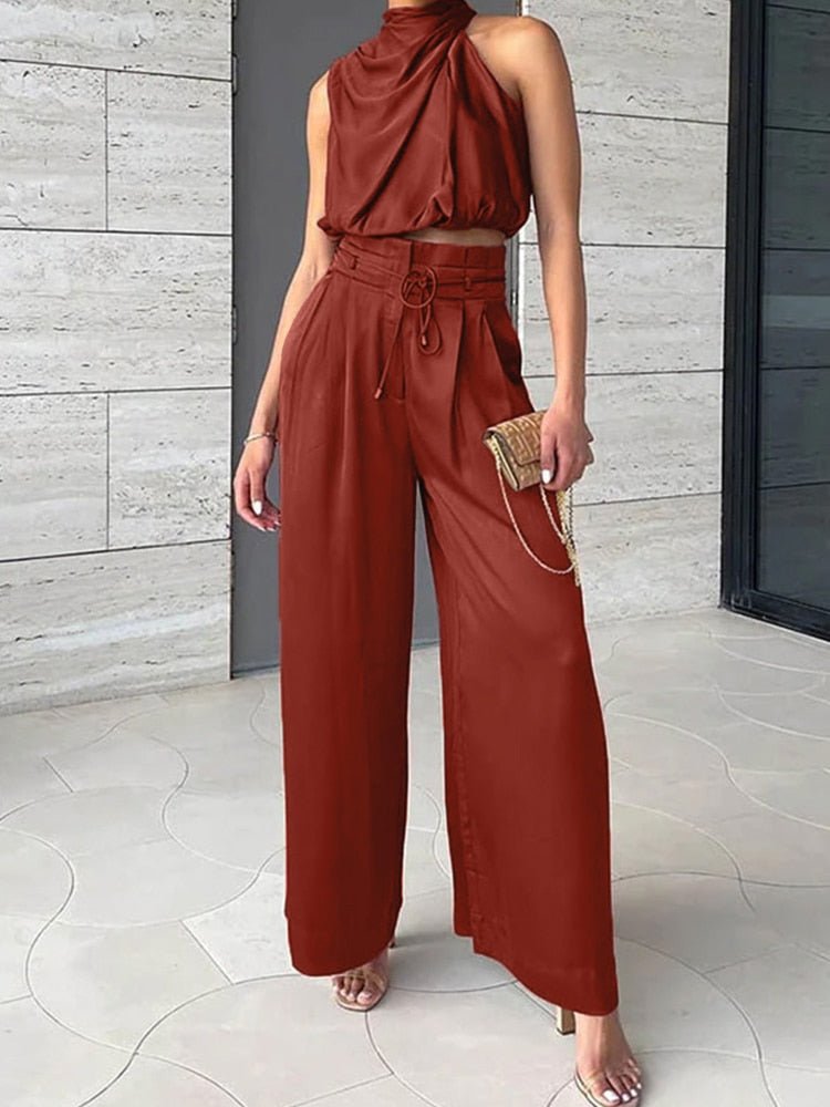 Two-Piece Satin Halter Top and Pants Set | Adjustable Waist Tie | Perfect for Formal or Evening Wear