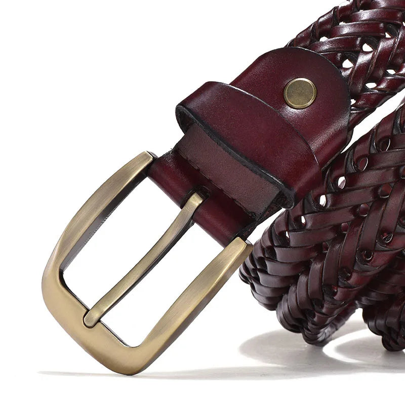 Men’s Braided Leather Belt | Woven Full-Grain Design | Adjustable Classic with Antique Buckle