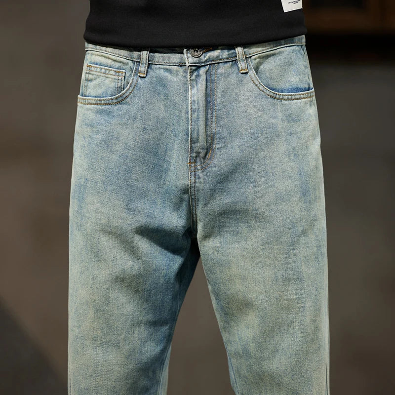 Men’s Cuffed Tapered Jeans | Relaxed Fit Denim Jogger Hybrid | Light Wash Streetwear