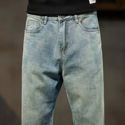 Men’s Cuffed Tapered Jeans | Relaxed Fit Denim Jogger Hybrid | Light Wash Streetwear