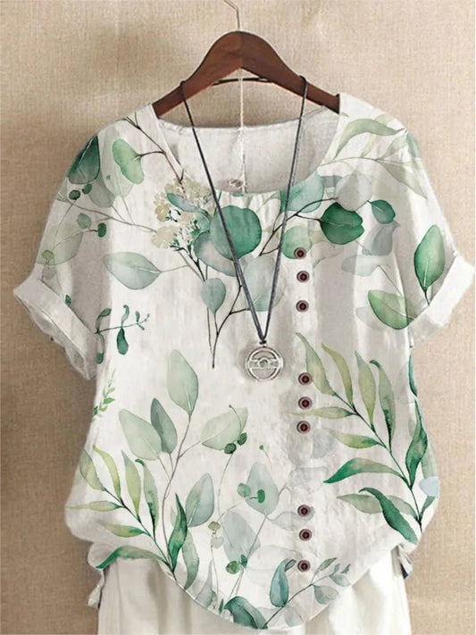 Floral Linen-Blend Short Sleeve Blouse | Casual Summer Top with Side Buttons