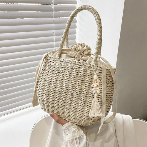 Woven Drawstring Tote | Lightweight Straw Texture with Cotton Lining