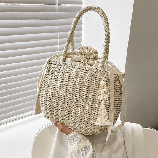 Woven Drawstring Tote | Lightweight Straw Texture with Cotton Lining