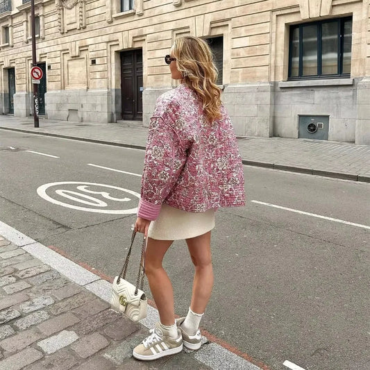Floral Quilted Jacket | Soft Pink Tones | Lightweight Layering | Casual Chic