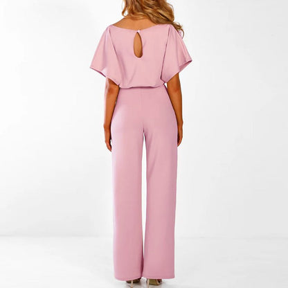 Short Sleeve Belted Jumpsuit | Wide Leg | Draped Crew Neck