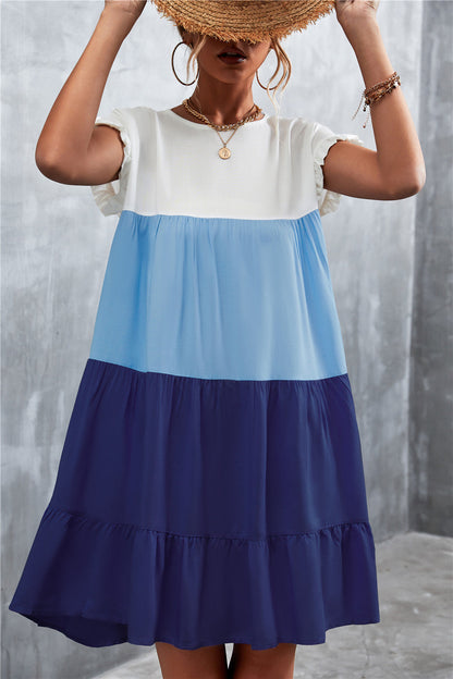 Tiered Colourblock Mini Dress | Ruffled Cap Sleeves | Lightweight Summer Style