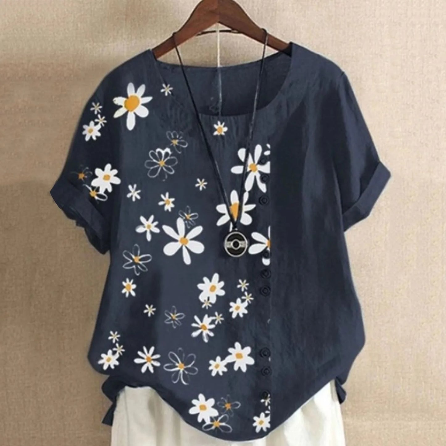 Floral Button Detail Linen Top | Short Sleeve Summer Blouse | Relaxed Fit