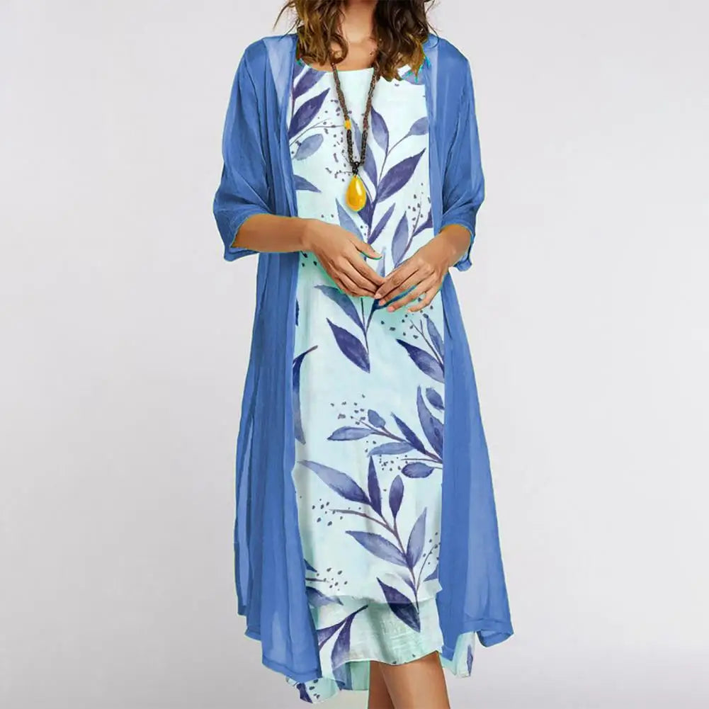 2-Piece Midi Dress Set | Sleeveless Leaf Print Dress with Sheer Drape Overlay