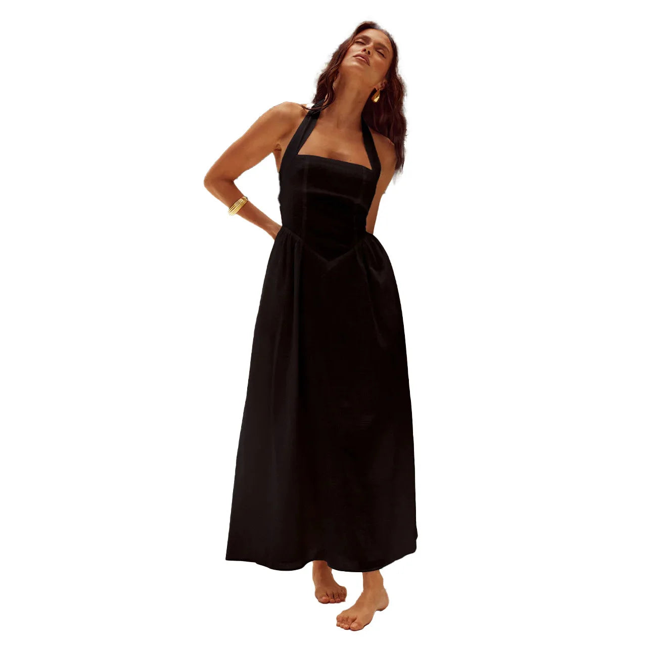 Halter Midi Sundress | Fitted Bodice with Pockets | Lightweight Summer Linen Blend