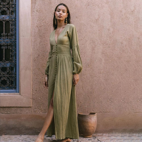 Boho Long Sleeve Button-Front Maxi Dress | Flowy Romantic Summer Look