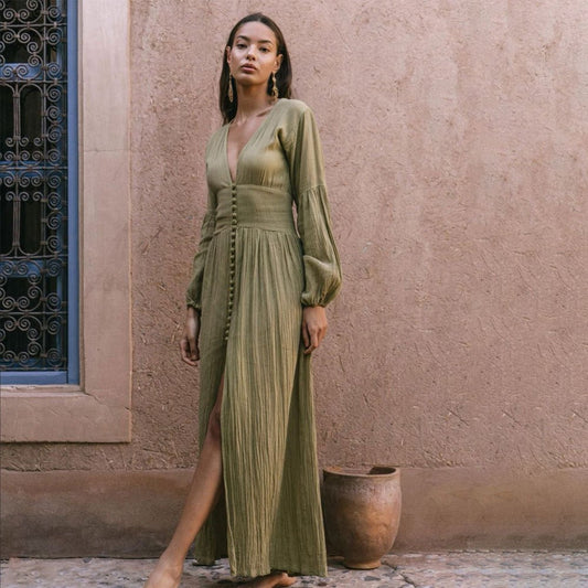 Boho Long Sleeve Button-Front Maxi Dress | Flowy Romantic Summer Look