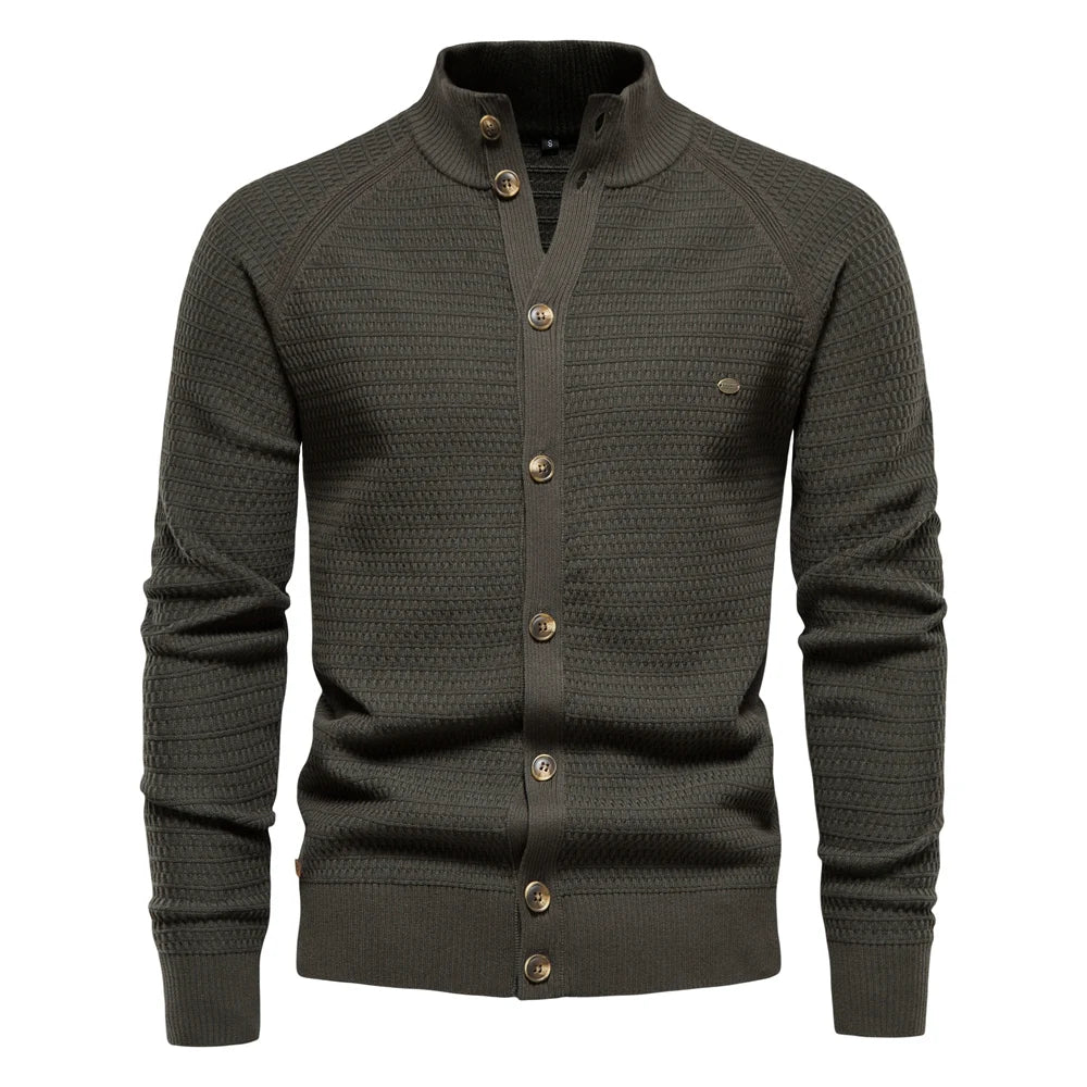Waffle Knit Button Cardigan | Stand Collar with Chest Pocket Detail