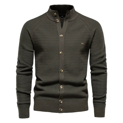Waffle Knit Button Cardigan | Stand Collar with Chest Pocket Detail