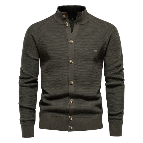 Waffle Knit Button Cardigan | Stand Collar with Chest Pocket Detail