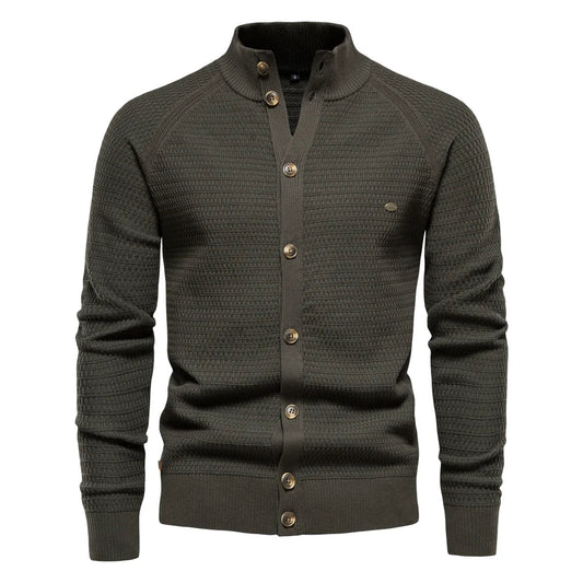 Waffle Knit Button Cardigan | Stand Collar with Chest Pocket Detail