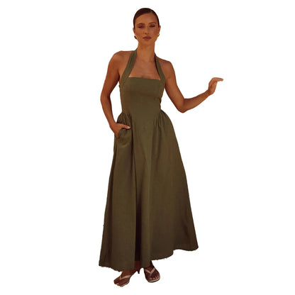 Halter Midi Sundress | Fitted Bodice with Pockets | Lightweight Summer Linen Blend