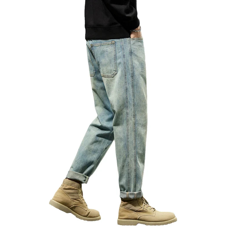 Men’s Cuffed Tapered Jeans | Relaxed Fit Denim Jogger Hybrid | Light Wash Streetwear