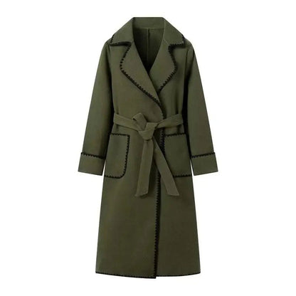 Elegant Longline Coat | Contrasting Trim | Belted Waist | Casual to Formal