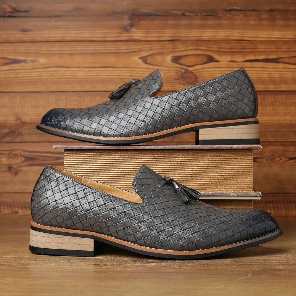 Men’s Woven Gloss Loafers | Slip-On Dress Shoes | Faux Leather Upper